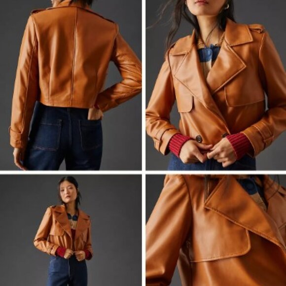 Anthropologie |Avec Les Filles | Faux Leather Caramel Brown Cropped Jacket |SZ S - Picture 3 of 14